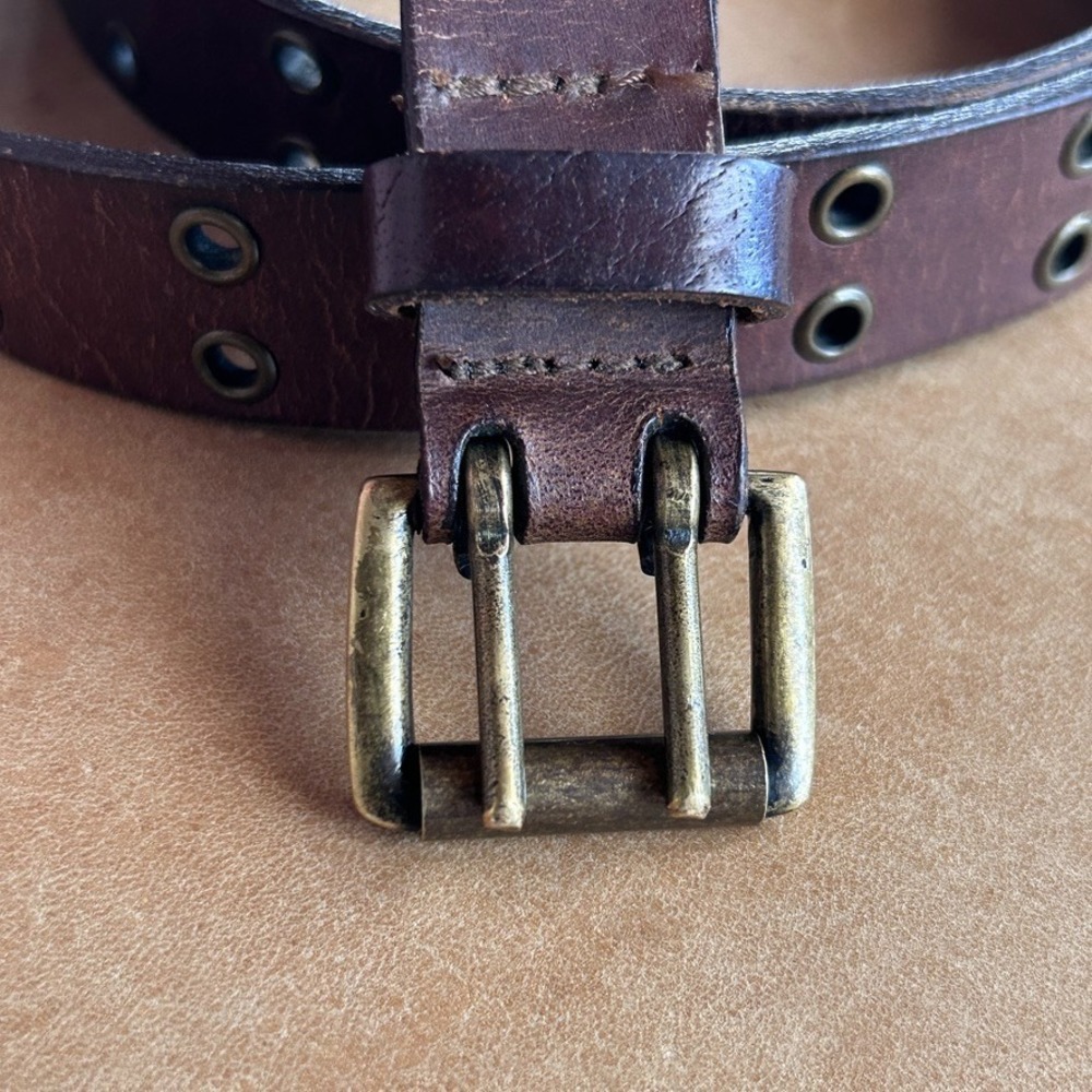 Y2K Genuine Leather Belt Womens XXL Brown Grommet Double Prong Buckle Punk
